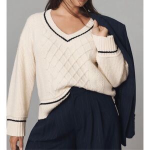 ANTHROPOLOGIE Maeve The Tillie V-Neck Pullover Sweater Sz XS Petite Ivory Chunky